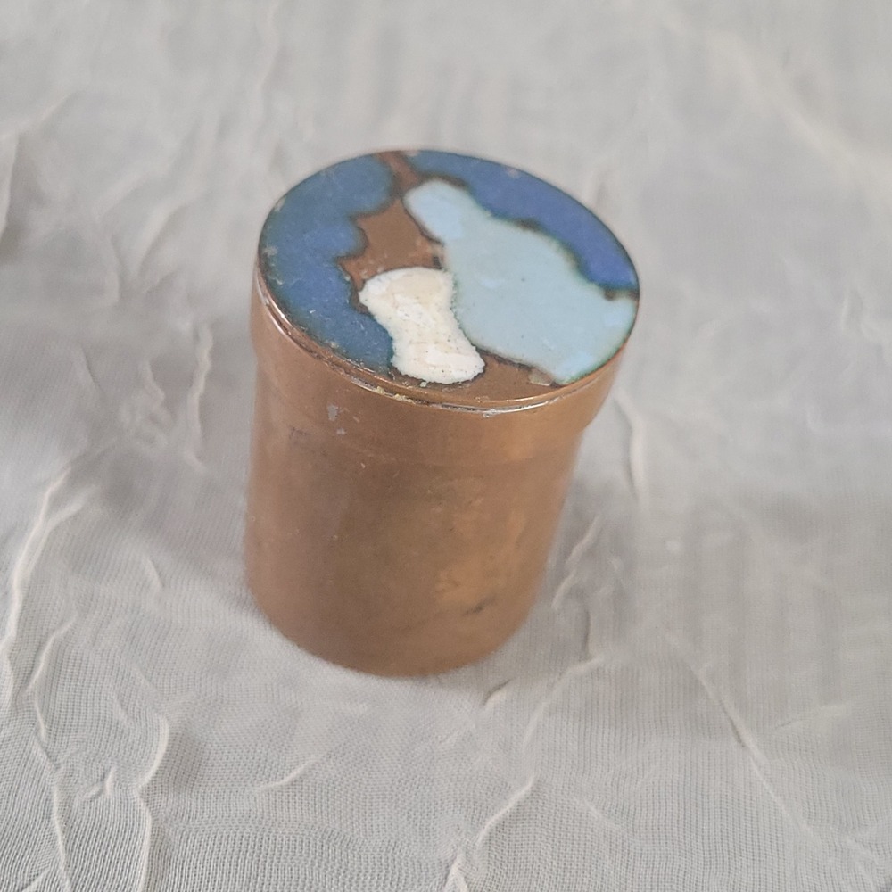 Handcrafted Copper Enamel Trinket Box Round Blue Abstract Lid